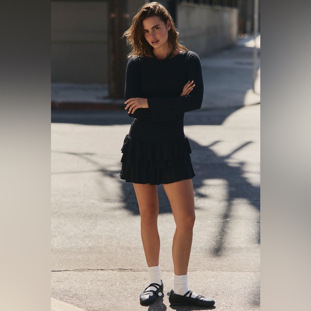 NWT Free People Good Feels Long Sleeve Mini Ruffle Dress Black Sz SMALL festival - Picture 5 of 16